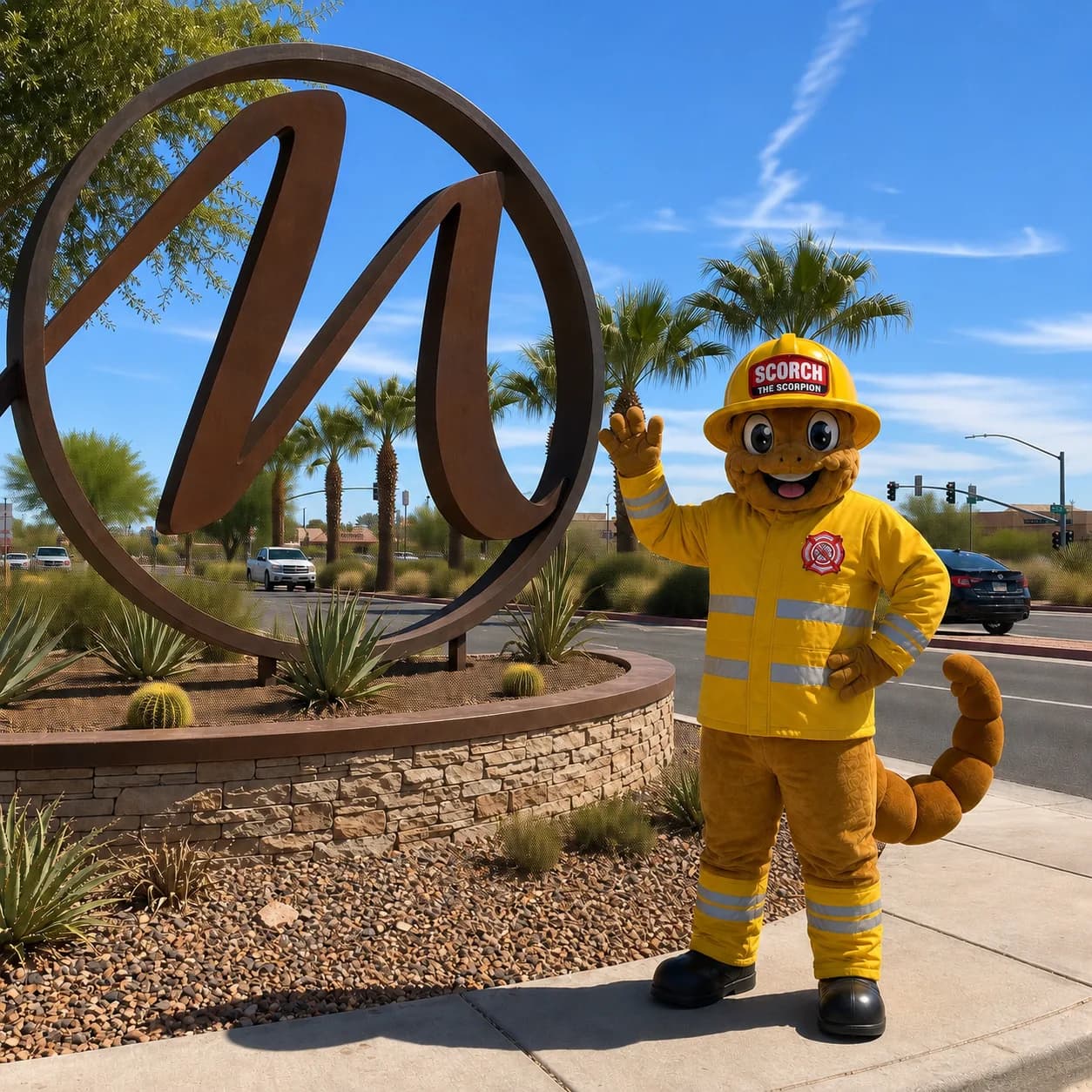 Scorch the Scorpion, the Firehouse Pest Control mascot in firefighter gear, waving beside the City of Maricopa “M” monument in Maricopa, AZ