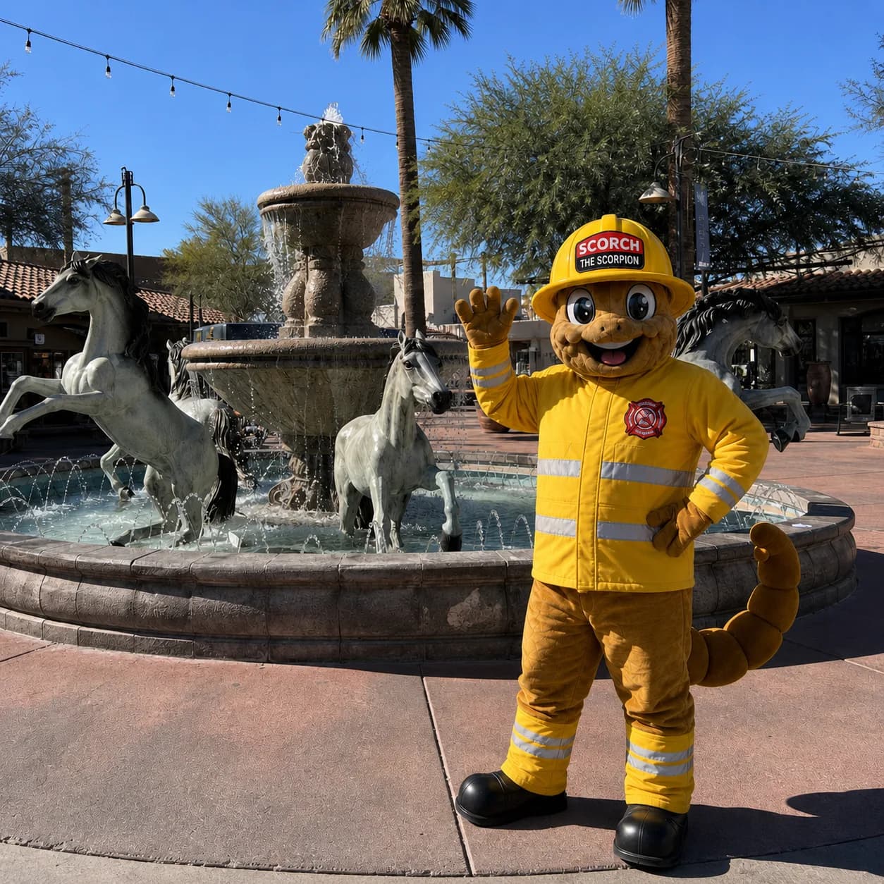 Scorch the Scorpion, the Firehouse Pest Control mascot in firefighter gear, waving at the bronze horse fountain in Old Town Scottsdale, AZ